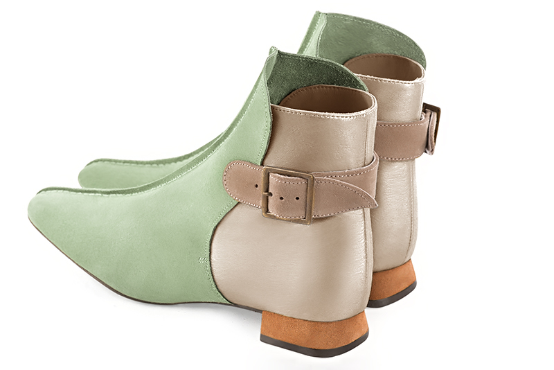 Women's mint green, gold and biscuit beige elegant ankle boots, with buckles at the back. Square toe. Flat flare heels - Rear view